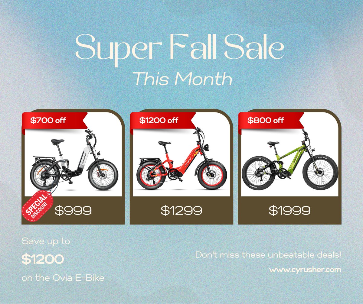 Huge Savings during the Cyrusher Super Fall Sale! ⚡️🍂
Get up to $1200 off on the Ovia ebike and the lowest price ever on the Kommoda ebike; this is a perfect opportunity to purchase an electric bike. Don't miss out on these great offers! 
👉Learn more: cyrusher.com