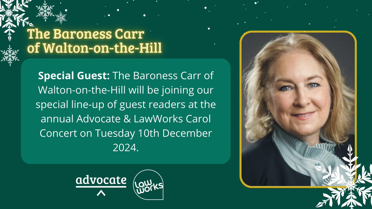 ✨ CAROLS FOR PRO BONO ✨

We are delighted that the Baroness Carr of Walton-on-the-Hill will be joining us as a reader at our Christmas Carol Concert held with <a href="/Law_Works/">LawWorks</a> on 10 December. 

Buy your tickets now to join us for this festive celebration!🎄⬇️

bit.ly/Carols4ProBono…