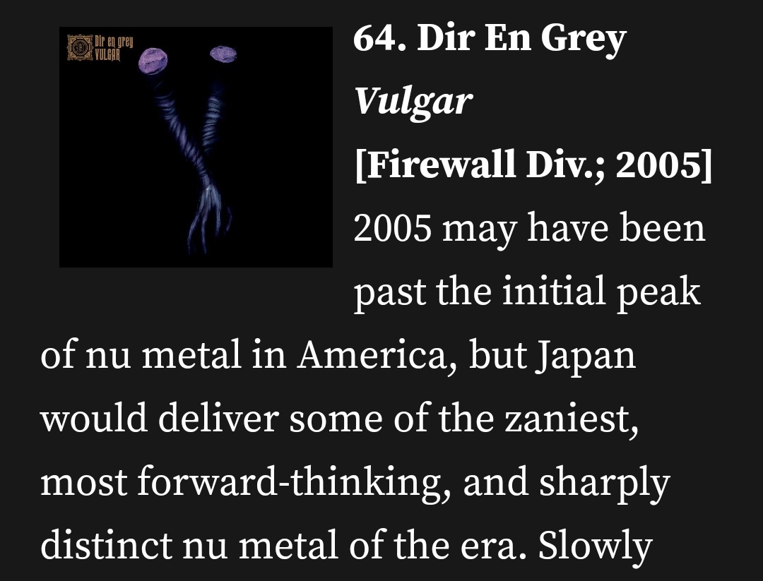 flwrcity's tweet photo. vulgar is on top 100 greatest nu metal albums of all time by nu metal agenda who else cheered!!! it was released in 2003 not 2005 tho ☝️🤓 https://t.co/zR4YR5ffaL