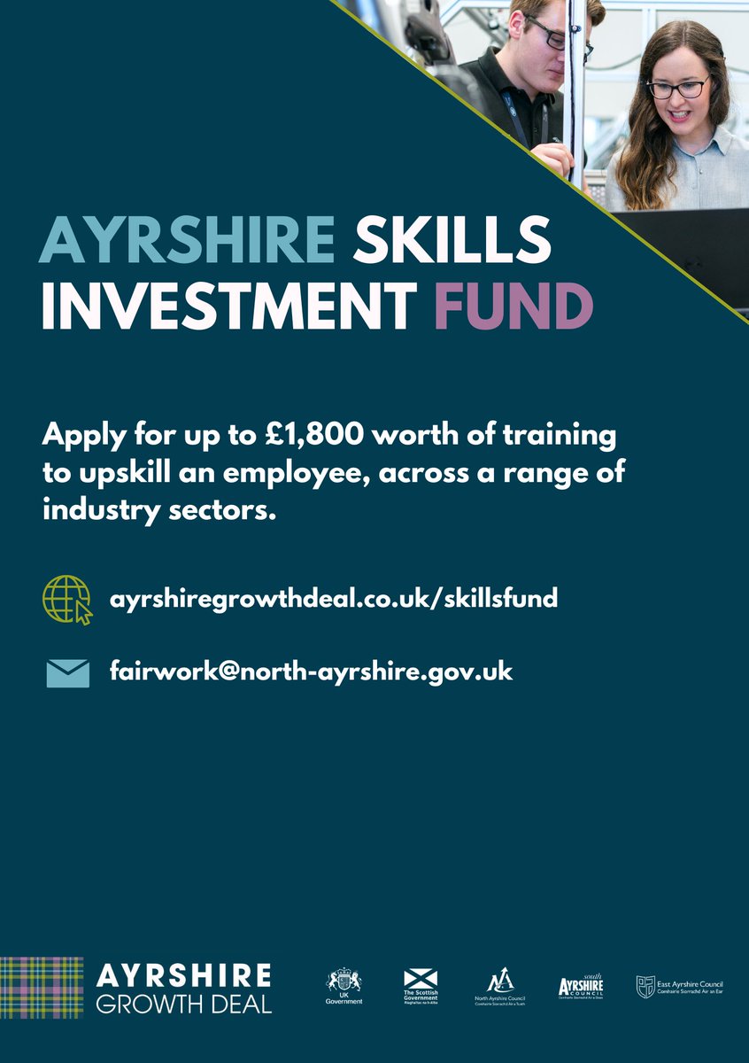 Local businesses can still apply for up to £1800 to develop new skills and support inclusive economic growth across Ayrshire.    
Open for the following industry sectors:   
 Engineering, Digital, Visitor Economy, Clean Growth  
Apply before 13 Nov ayrshiregrowthdeal.co.uk/skillsfund