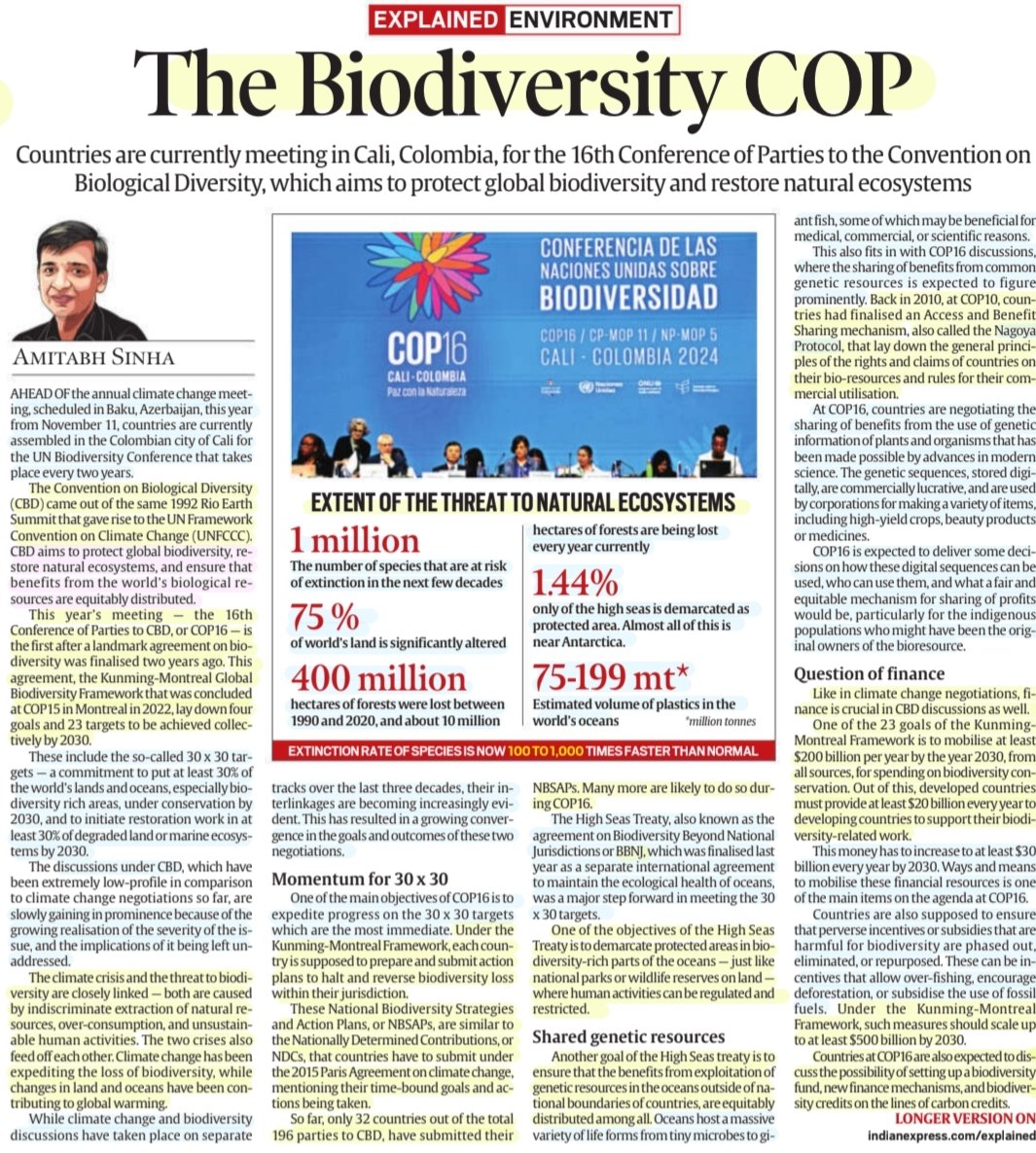 'The Biodiversity COP'

'Extent of the threat to Natural
Ecosystem'

:An informative article by Sh Amitabh Sinha

#biodiversity #COP16Colombia #COP16Cali ,Convention on Biological Diversity-est-aims-framework,#KunmingMontrealProtocol ,30×30 targets,Restoration &amp;
More info

#UPSC