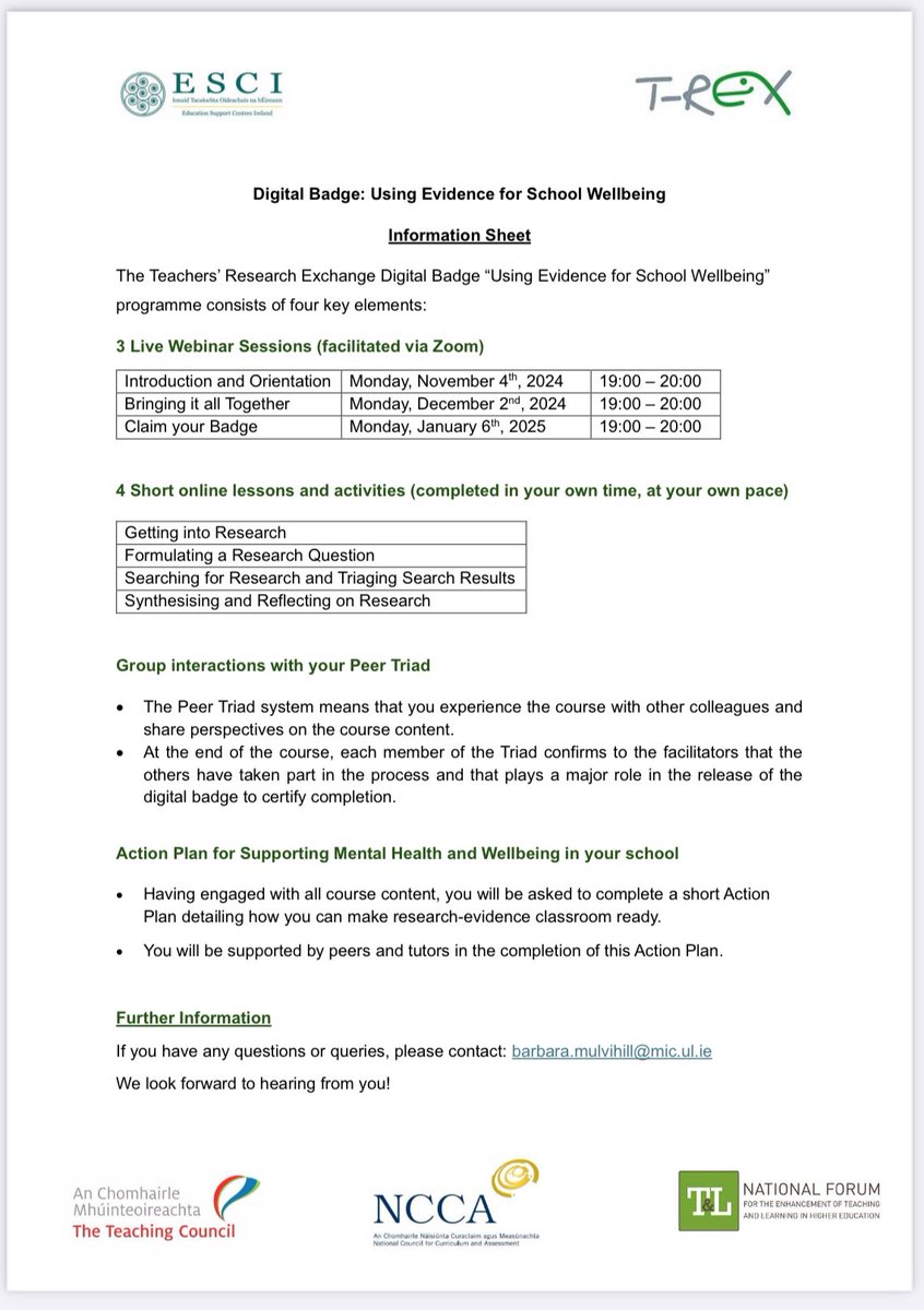 Interested in our Digital Badge: Using Evidence for School Wellbeing?

Read more about it below 📚🥳🙌

Register for the course: shorturl.at/P9oiE 

<a href="/ESCItweets/">ESCI</a> <a href="/TeachingCouncil/">Teaching Council</a> <a href="/NCCAie/">NCCA</a> <a href="/ForumTL/">National Forum T&L</a> <a href="/MICEducationFac/">Faculty of Education, Mary Immaculate College.</a>