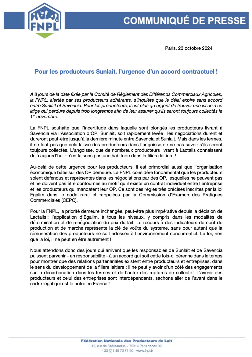 A 8 jours de la date fixée par le Comité de Règlement des Différends Commerciaux Agricoles,
la FNPL, alertée par ses producteurs adhérents, s’inquiète que le délai expire sans accord
entre <a href="/aopSunlait/">Sunlait</a>  et <a href="/Savencia_groupe/">Savencia</a> . Notre communiqué de presse