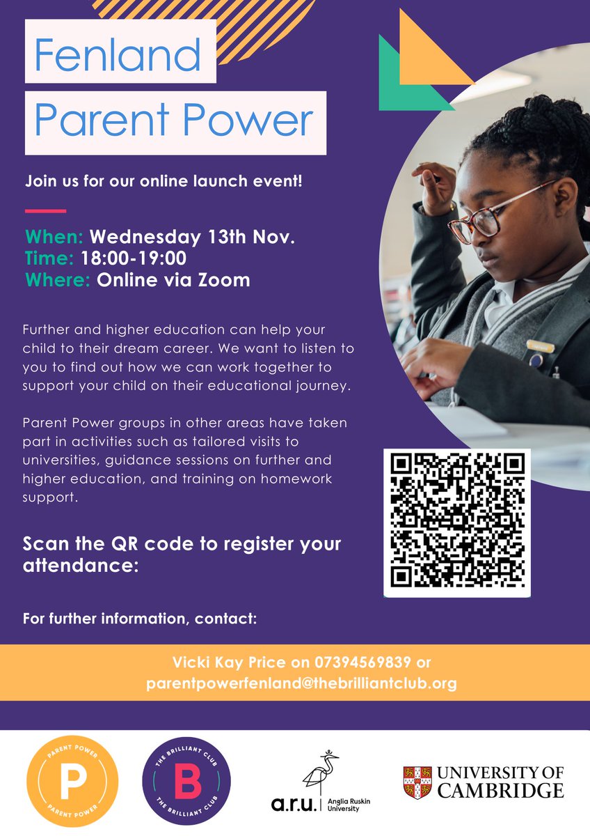 Are you interested in learning how #Fenland #ParentPower can help you support your child into university? Come along to our online introductory session on 13th November! Scan the QR code to register.