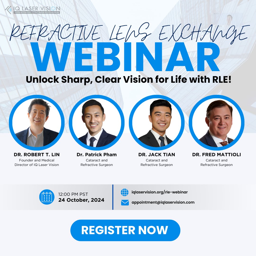 IQLaserVision's tweet image. ✨ Unlock Clear Vision with Refractive Lens Exchange (RLE)! ✨

Join us on October 24 at 12 PM PST and discover how RLE can free you from glasses or contacts.

🎁 Exclusive offers for attendees!

🔗 Claim your spot: iqlaservision.org/rle-webinar

#IQLaserVisionFamily #RLE #ClearVision