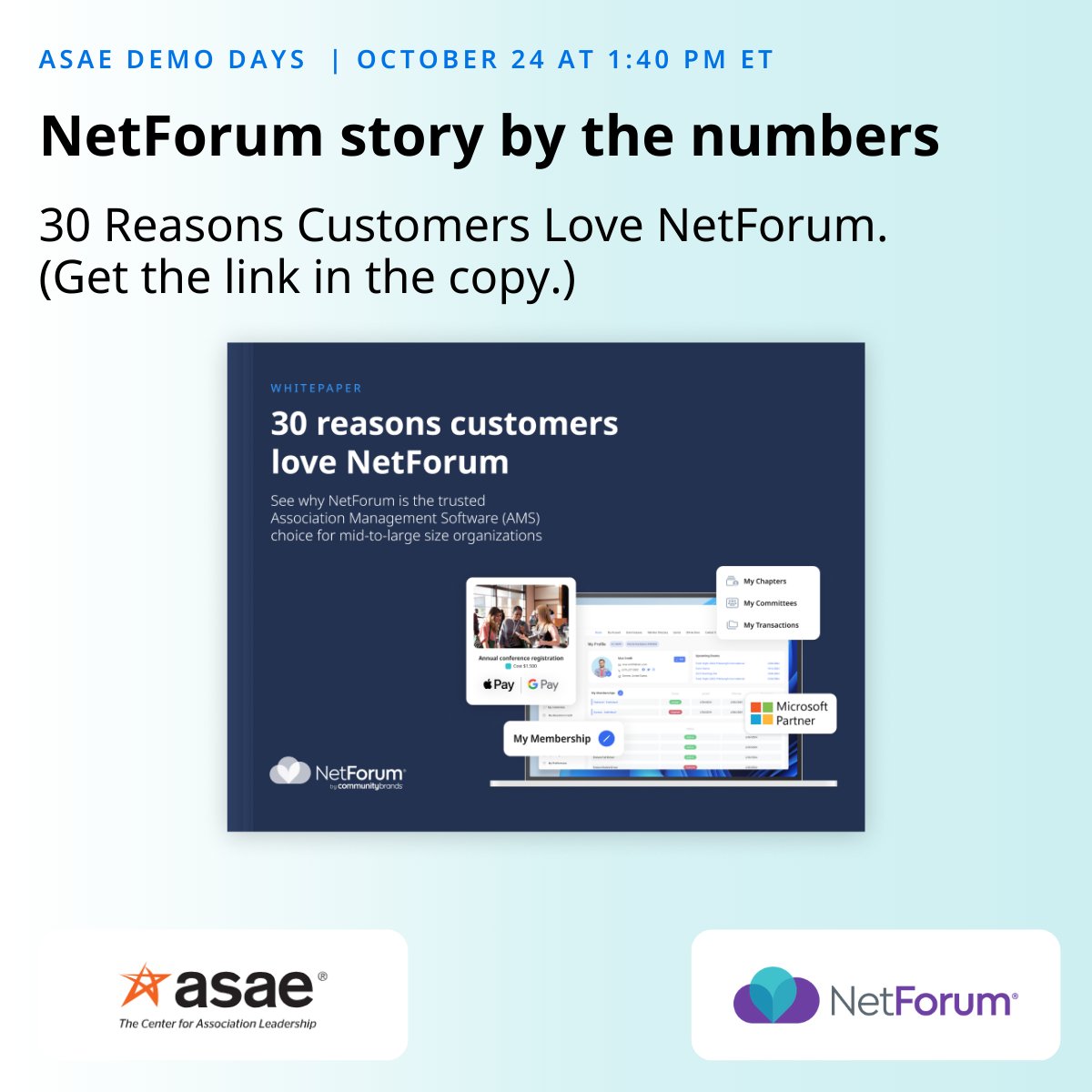 Curious why so many associations trust #NetForum? Swipe through to see the numbers behind our success. 

⭐ Then join us at <a href="/ASAEcenter/">ASAE</a>'s AMS Demo Days:  hubs.la/Q02VpM6c0

⭐ Download 30 reasons customers love NetForum here: hubs.la/Q02VpGJG0

#AssnChat
