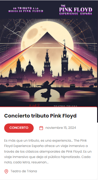 CONCIERTO TRIBUTO PINK FLOYD Entradas disponibles en este link   entradas.planeasevilla.com/index.php?even……15 nov 2024 - 21:00 Qué no te lo cuenten, Planea Sevilla...