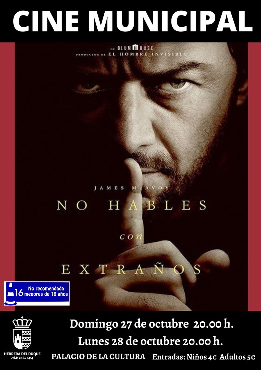 🎬 𝗖𝗜𝗡𝗘 𝗠𝗨𝗡𝗜𝗖𝗜𝗣𝗔𝗟 / 𝗡𝗢 𝗛𝗔𝗕𝗟𝗘𝗦 𝗖𝗢𝗡 𝗘𝗫𝗧𝗥𝗔𝗡̃𝗢𝗦 

¡No te pierdas “No Hables con Extraños” en el Palacio de la Cultura! Un thriller inquietante que te mantendrá al borde de tu asiento 🔥
 
#HerreraDelDuque  #HerreraEsCultura #EstásEnTuCasa #Cine
