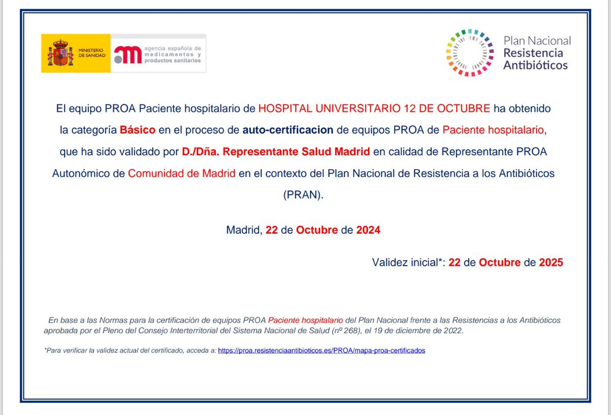 PROA HU12O (@proahu12o) on Twitter photo Estamos de enhorabuena! Hoy el <a href="/PRANgob/">Plan Antibióticos</a> nos ha comunicado que hemos obtenido el nivel básico de autocertificacion, siendo uno de los primeros equipos PROA de la Comunidad de Madrid en conseguirlo. Seguimos avanzando en la mejora del uso de los antibióticos <a href="/H12Octubre/">Hospital Universitario 12 de Octubre</a> Estamos de enhorabuena! Hoy el <a href="/PRANgob/">Plan Antibióticos</a> nos ha comunicado que hemos obtenido el nivel básico de autocertificacion, siendo uno de los primeros equipos PROA de la Comunidad de Madrid en conseguirlo. Seguimos avanzando en la mejora del uso de los antibióticos <a href="/H12Octubre/">Hospital Universitario 12 de Octubre</a>