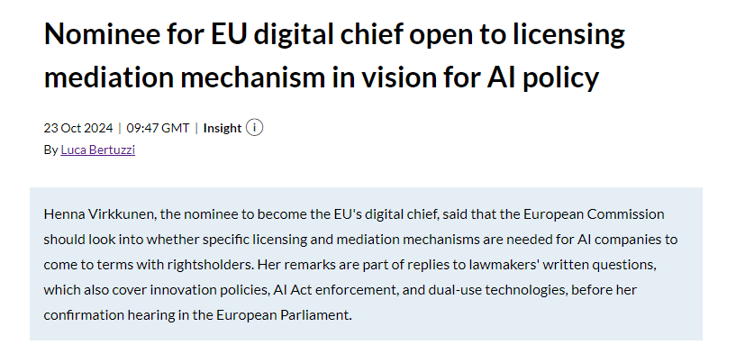 BertuzLuca's tweet photo. Henna Virkkunen told MEPs that the Commission should investigate whether to introduce a mediation mechanism for AI companies to reach licensing agreements with rightsholders. Innovation, #AIAct (marginally), and dual-use tech are also covered.
https://t.co/lJ6FbpYZ2B https://t.co/2dySZkl8WC