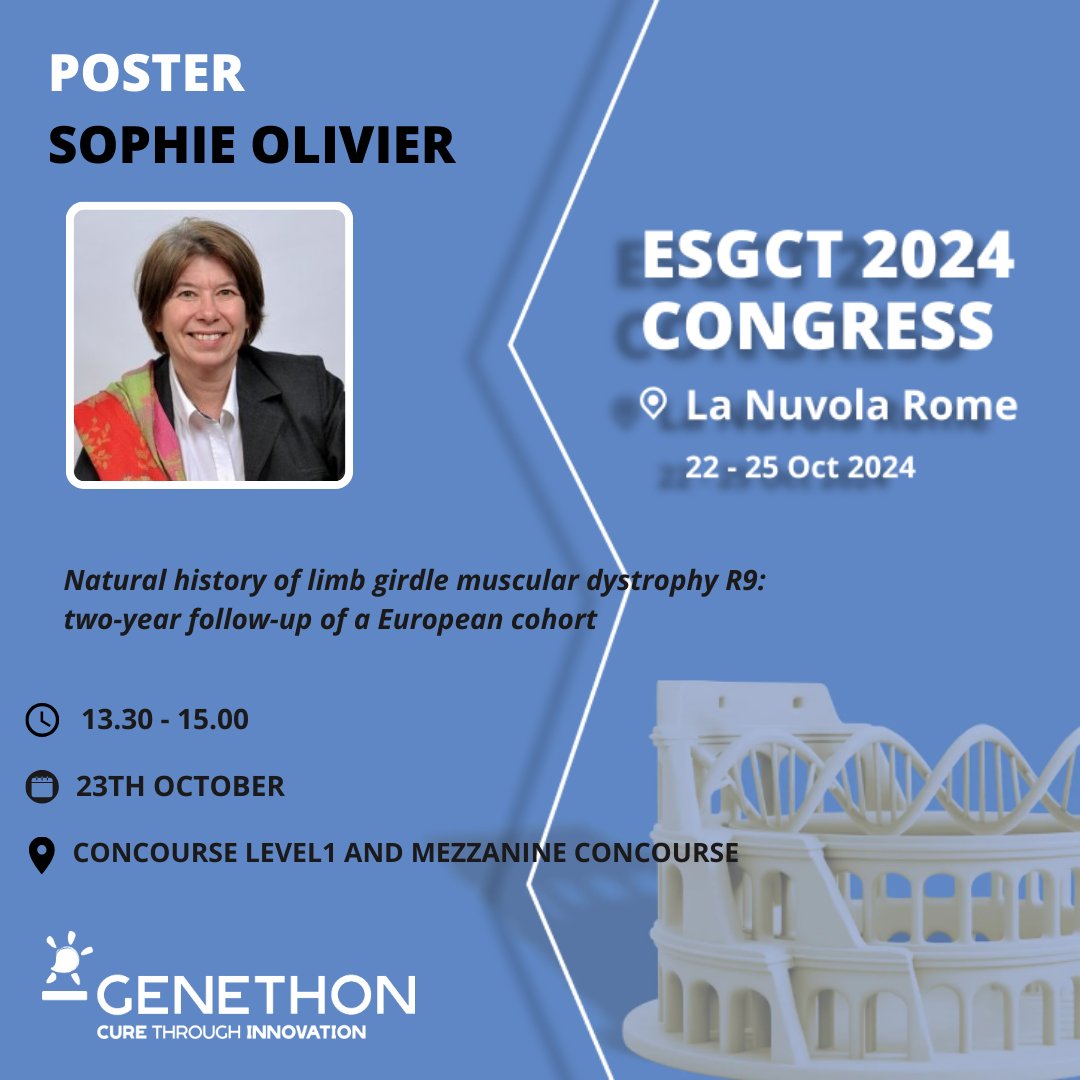 📢 [#ESGCT2024]
📄Today from 01:30 pm - 03:00 pm CEST time - Don’t miss Sophie Olivier. She will present a poster with @GenethonFR about: Natural history of limb girdle muscular dystrophy R9: two-year follow-up of a European cohort, [Board No.0264].