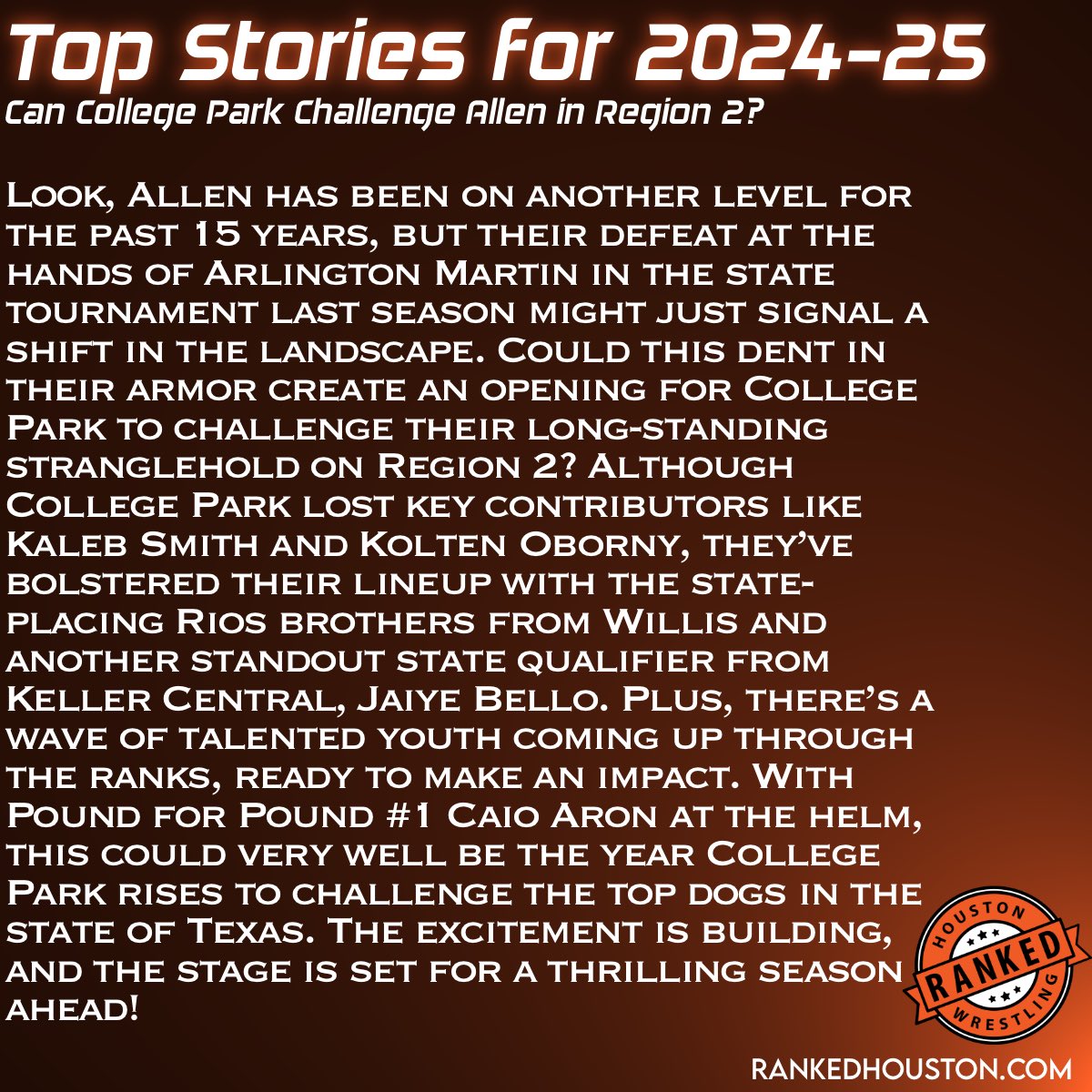 Each day this week, we’ll be covering some of the top stories and athletes to watch this upcoming season. The full story is available at rankedhouston.com
