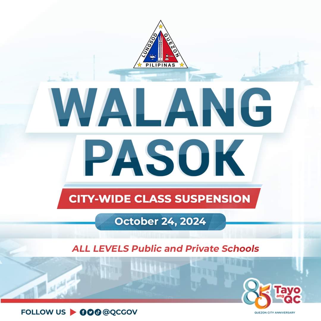 #WALANGPASOK | Dahil sa patuloy na nararanasang sama ng panahon dala ng Bagyong #KristinePH, inirekomenda ng Quezon City Disaster Risk Reduction and Management Council na walang pasok sa lahat ng antas ng pampubliko at pribadong paaralan sa Quezon City bukas, October 24, 2024.