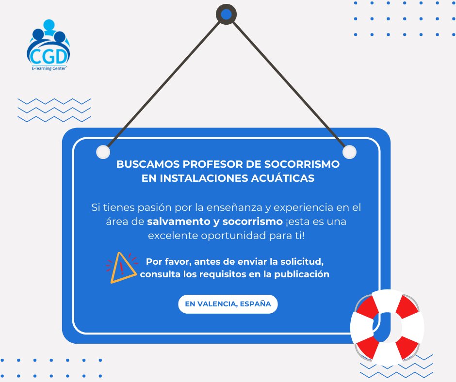📌 ¡𝑩𝒖𝒔𝒄𝒂𝒎𝒐𝒔 𝑷𝒓𝒐𝒇𝒆𝒔𝒐𝒓 𝒅𝒆 𝑺𝒐𝒄𝒐𝒓𝒓𝒊𝒔𝒎𝒐 𝒆𝒏 𝑰𝒏𝒔𝒕𝒂𝒍𝒂𝒄𝒊𝒐𝒏𝒆𝒔 𝑨𝒄𝒖á𝒕𝒊𝒄𝒂𝒔! para impartir curso presencial (AFDP0109), Comunidad Valenciana.
Más info.: linkedin.com/jobs/view/4053…
#socorristaacuático #empleodocente #Valencia
