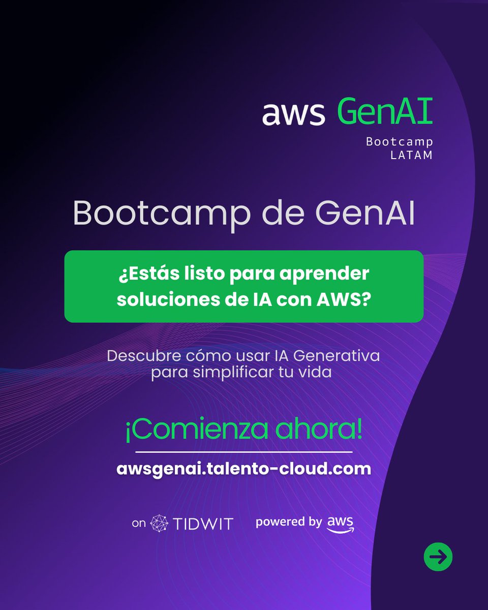 TidWiT's tweet photo. ¡Aprende sobre IA Generativa a tu ritmo y gratis! 🚀

• Principiantes: Fundamentos en menos de 2h. • Intermedios: Herramientas de AWS en menos de 4h. • Avanzados: Soluciones avanzadas en menos de 6h.

Regístrate ya: https://t.co/44lB4R5WM2 🎓 #IAGenerativa #AWS https://t.co/u5cRNkwWBA