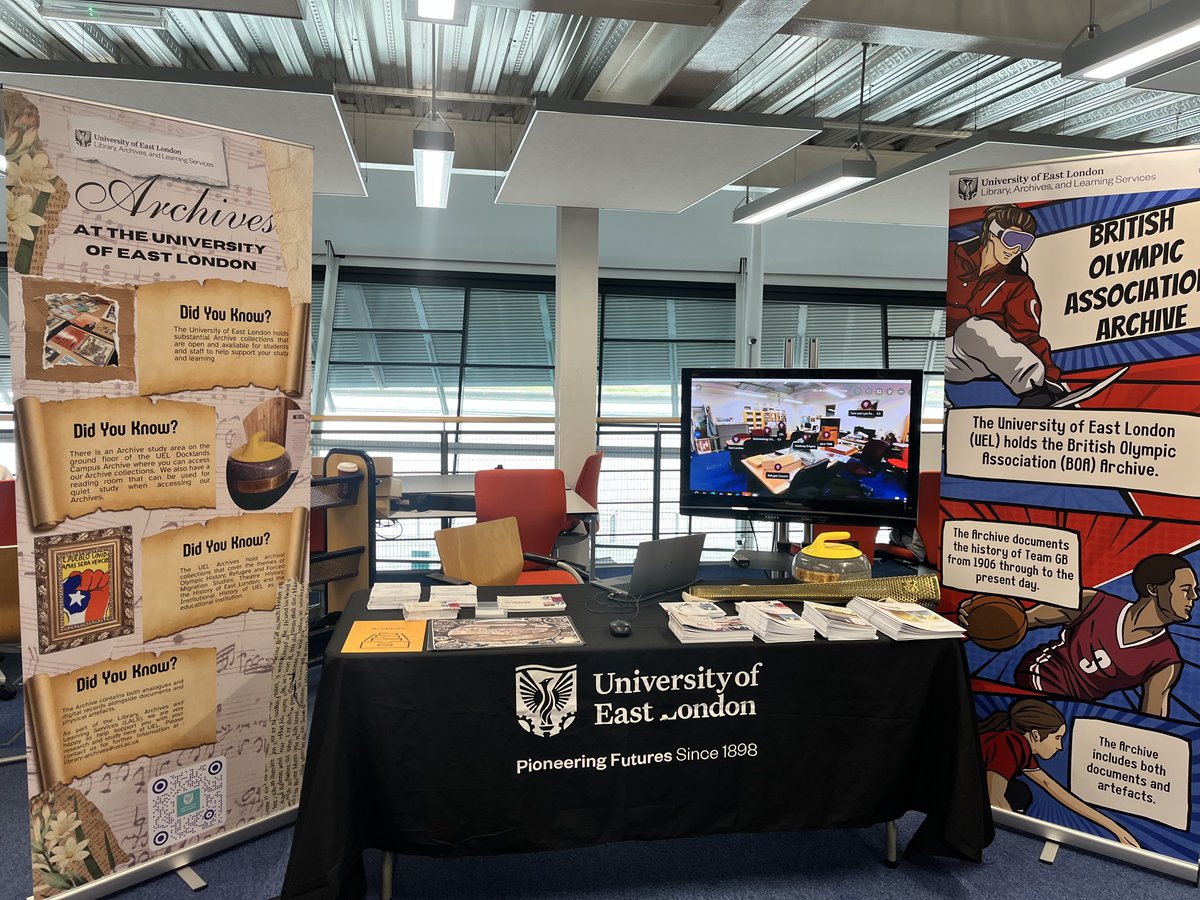 PaulVDudman's tweet photo. @ArchivesUEL stall on today's LibFEST event being held at the @UEL_Library Docklands Campus.  
#Archives #UEL #LALS @UEL_News 
@refugee_archive @LivingRefArch https://t.co/TrCJPxLhpZ
