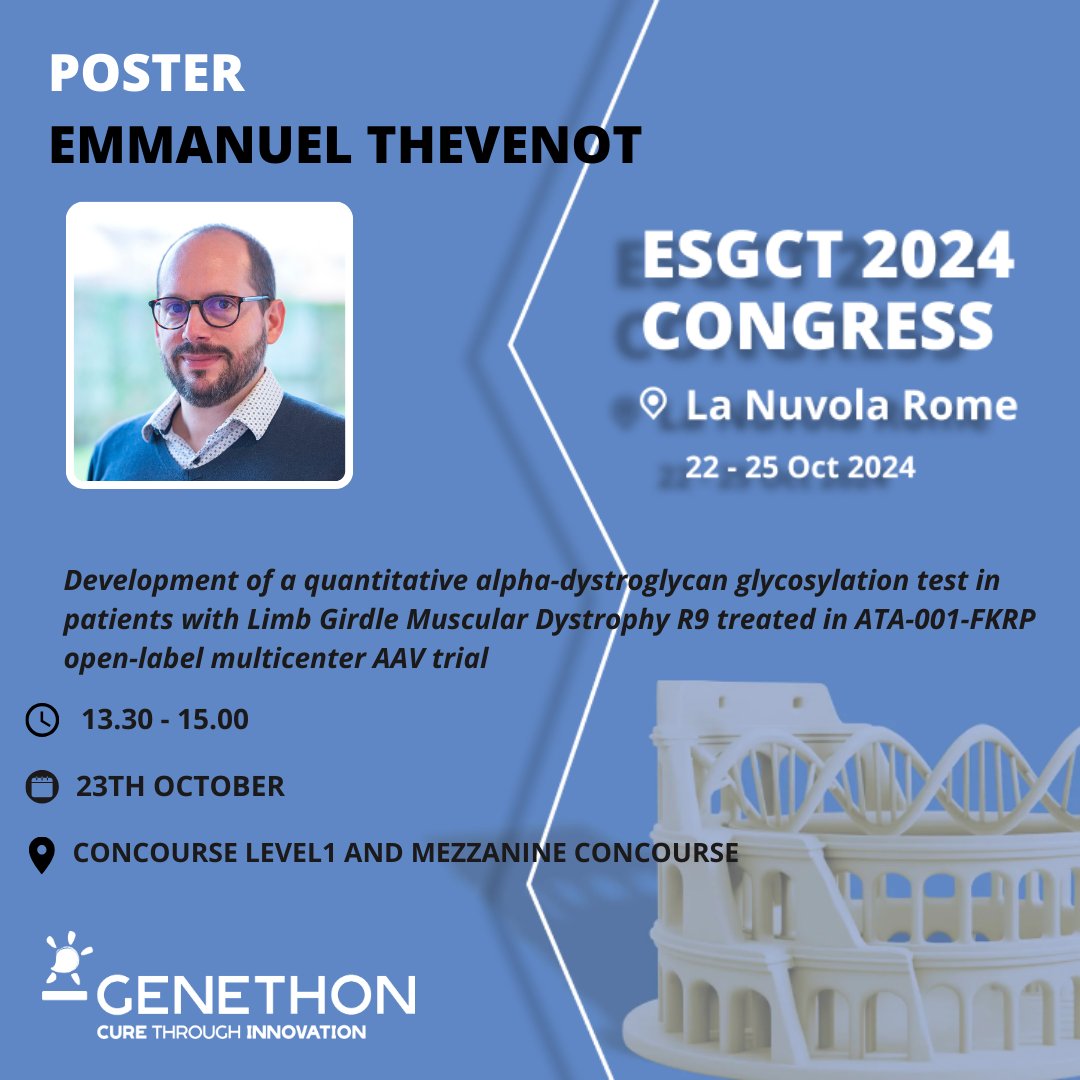 📢 [#ESGCT2024]
📄Today 01:30 pm - 03:00 pm CEST time – Don’t miss Emmanuel Thevenot , @GenethonFR [Board No.0088].