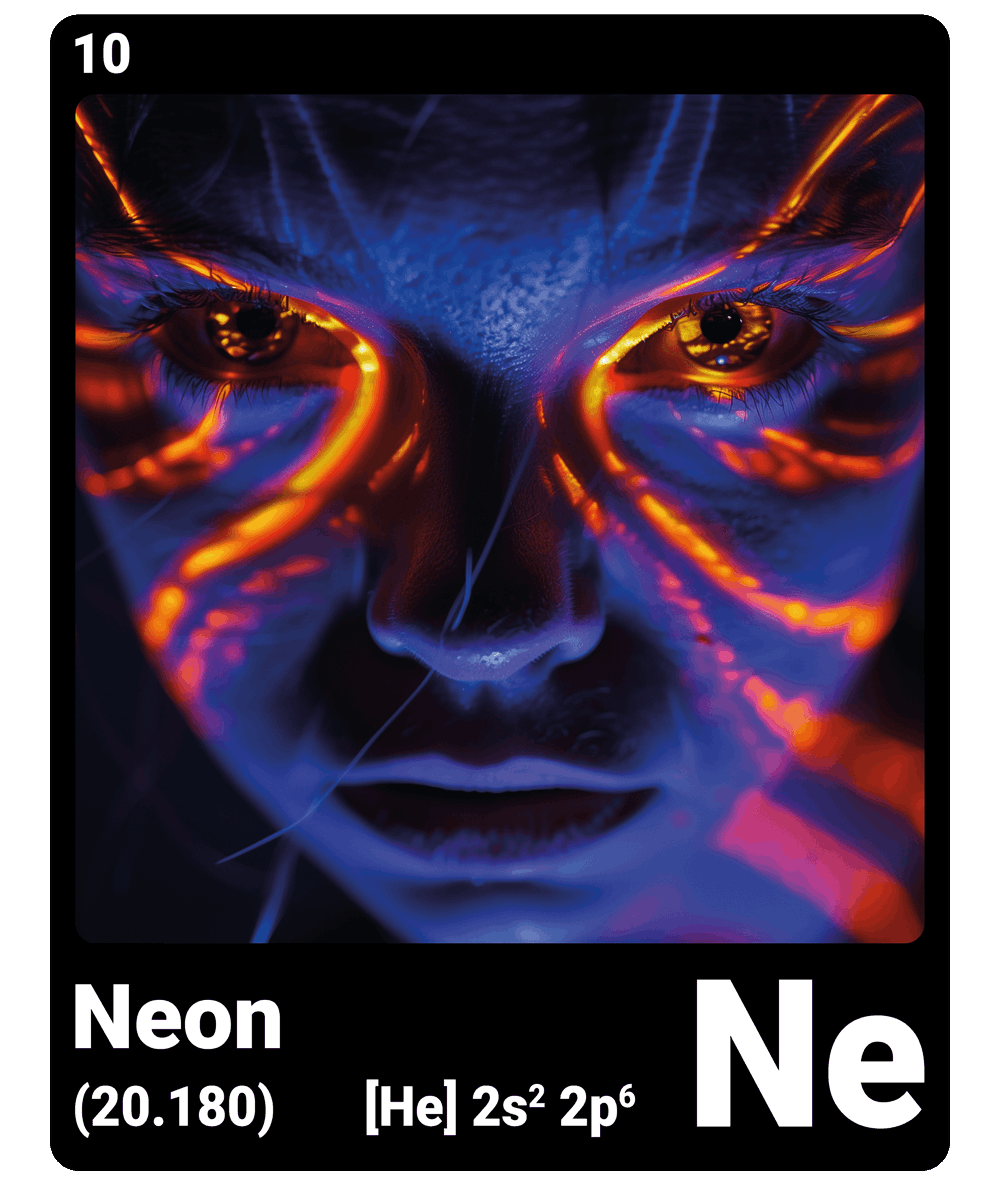 br_AI_king's tweet image. This is what it looks like when AI gives the chemical element #neon a face - find all #ChemicalElement in the bio #ScienceArt