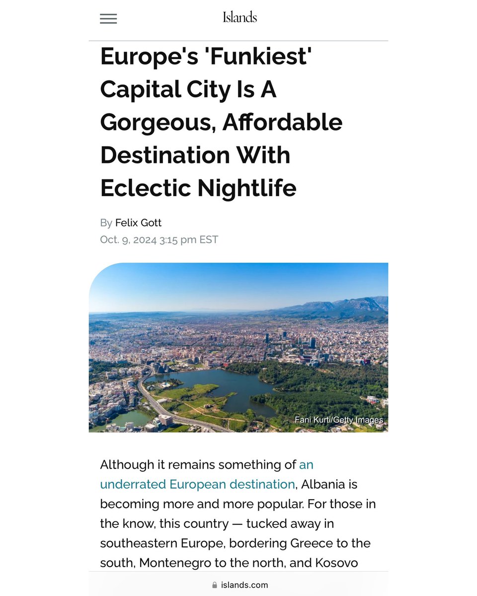CelaAmanda's tweet photo. Revista “Islands” e vlerëson Tiranën si “Funky Capital” 😍

Funky - meaning modern and stylish in an unconventional and striking way 🌞

Një kryeqytet, që përtej kufijve cilësohet si GODITËS 😊

Tir🫶🏼n🫶🏼 - krenaria 🔊!

Another one accomplished 🙌 https://t.co/HnAXpeL7ay