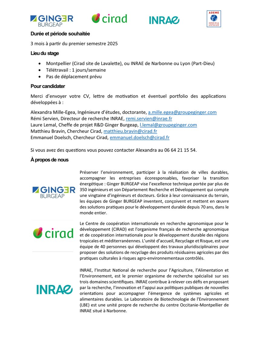 👉Nouvelle offre de stage !
Nous recherchons un(e) stagiaire niveau L3 ou M1 pour 3 mois au Cirad Montpellier (possibilité d'être également à Lyon ou Narbonne) pour travailler sur de la programmation en R Shiny pour l’étude des risques sanitaires liés aux sols contaminés.