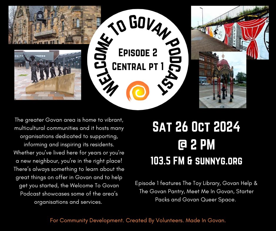 Tune in to the Welcome To Govan Podcast!

There’s great local service sand events on offer &amp; EP 2 shines a light on some orgs in central Govan.  

Mon 26 Oct @ 2 PM

feat <a href="/makedogrow/">Make Do & Grow CIC</a> Toy Library, @GovanHelp, Meet Me In Govan, <a href="/SPG_Glasgow/">Starter Packs</a> &amp; Govan Queer Space at <a href="/ThePortalArts/">The Portal Arts</a>