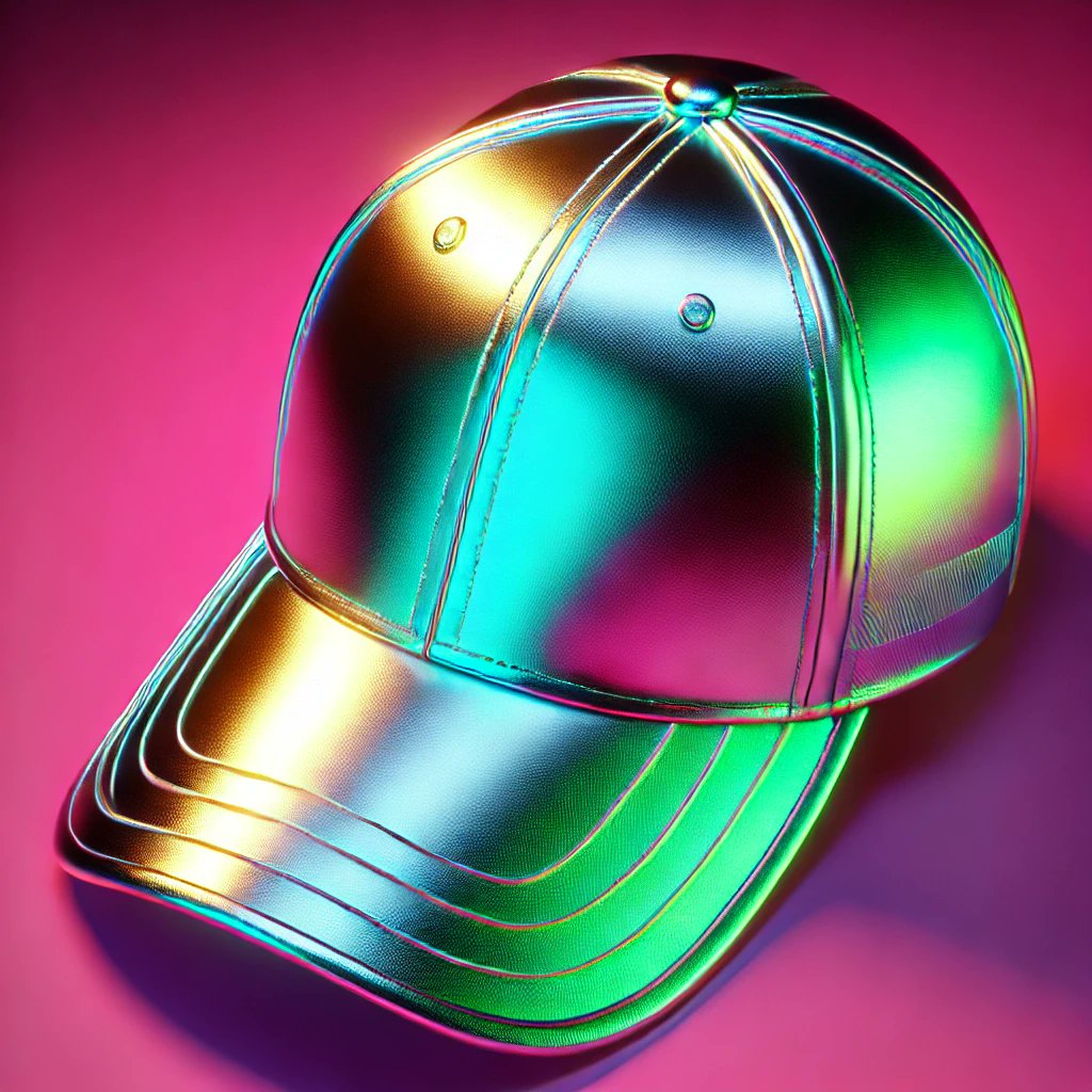 PunkPink__'s tweet photo. This aluminum and polyester cap shines with metallic and fluorescent hues, giving it a bold, futuristic flair. Perfect for trendsetters! 🧢✨

#PunkPink #PPsamples #FashionArt #AI #AiFashion https://t.co/KLpcnuMF50