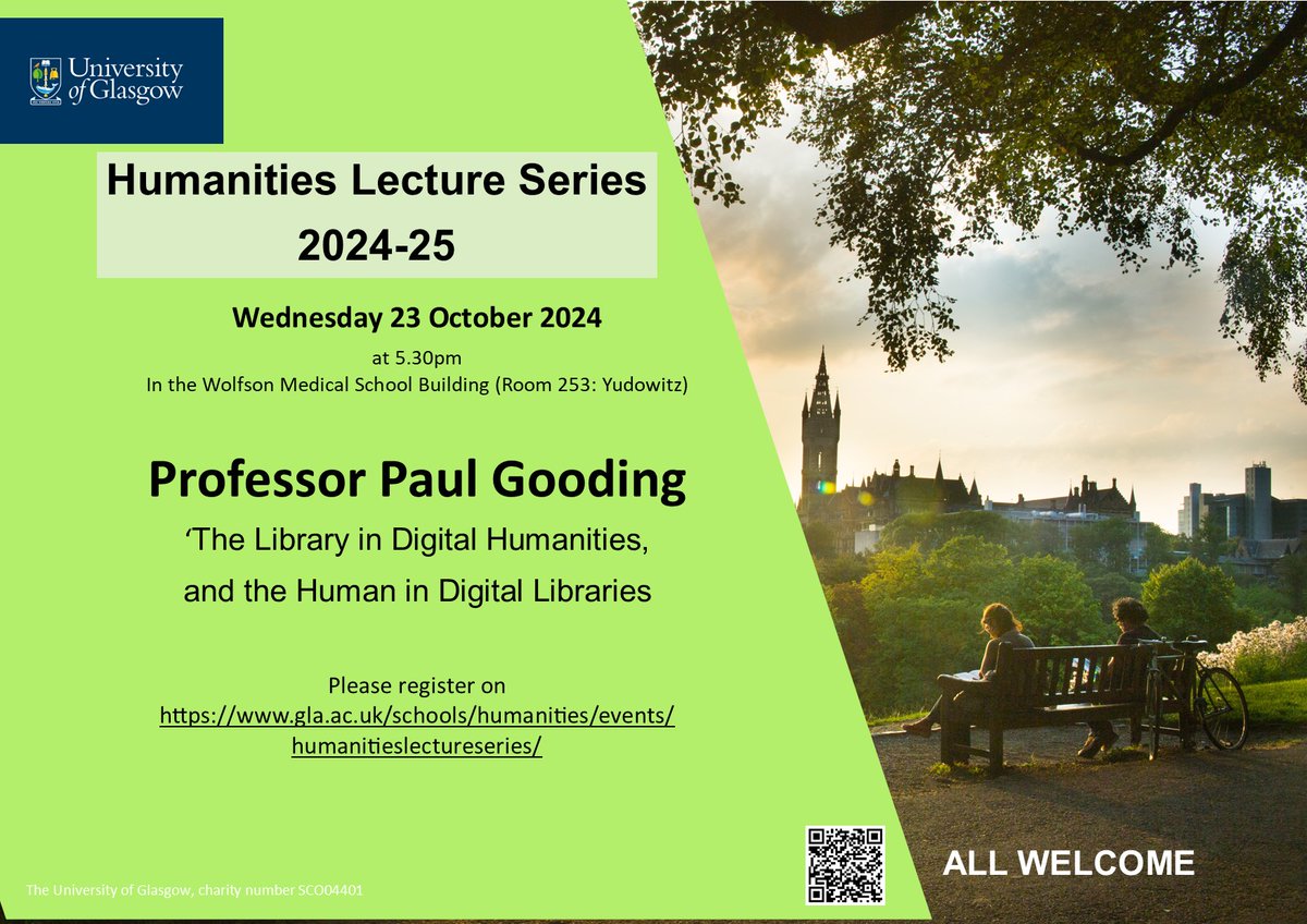 UofGHumanities's tweet image. Still time to register for tonight&apos;s lecture: looking forward to @pmgooding speaking at 5.30pm on &apos;The Library in Digital Humanities, and the Human in Digital Libraries&apos;

Register on:
eventbrite.com/cc/humanities-…

@UofGInfoStudies @UofGArtsHums