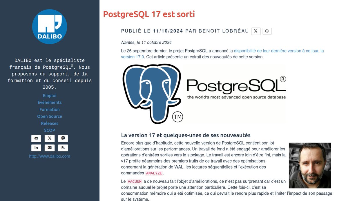 dalibo's tweet image. Il y a un mois sortait #PostgreSQL17. Benoit, l'un de nos #DBA consultants, vous fait un rapide résumé de ses nouveautés => dali.bo/202410_postgre…
#PostgreSQL #SGBD
#opensource #logicielsLibres