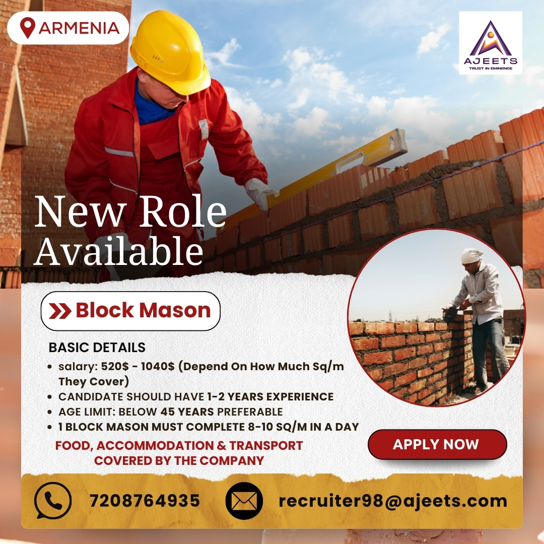 ajeetsholding's tweet image. We’re hiring Block Masons with 1-2 years of experience with competitive Salary and full benefits!

Apply now!
Email: recruiter98@ajeets.com
Contact: 7208764935

#hiringnow #blockmason #Jobsinarmenia #constructionjobs #WorkAboard #ApplyNow #ajeetsconsultancy #ajeetsmanpower