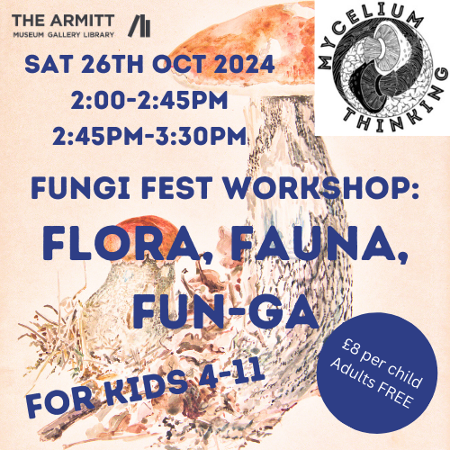 ArmittMuseum's tweet image. 🍄 FUNGI FEST Sat 26th Oct: FAMILY FUNGI WORKSHOP 🍄
Don't miss Mycelium Thinking CIC's  #familyworkshop for #FungiFest this Sat!
Workshops are at 2:00 &amp;amp; 2:45pm ✨
Tickets are £8 per child, adults go FREE: tinyurl.com/hm5kze9t
🎨 Leccinium versipelle by Beatrix Potter