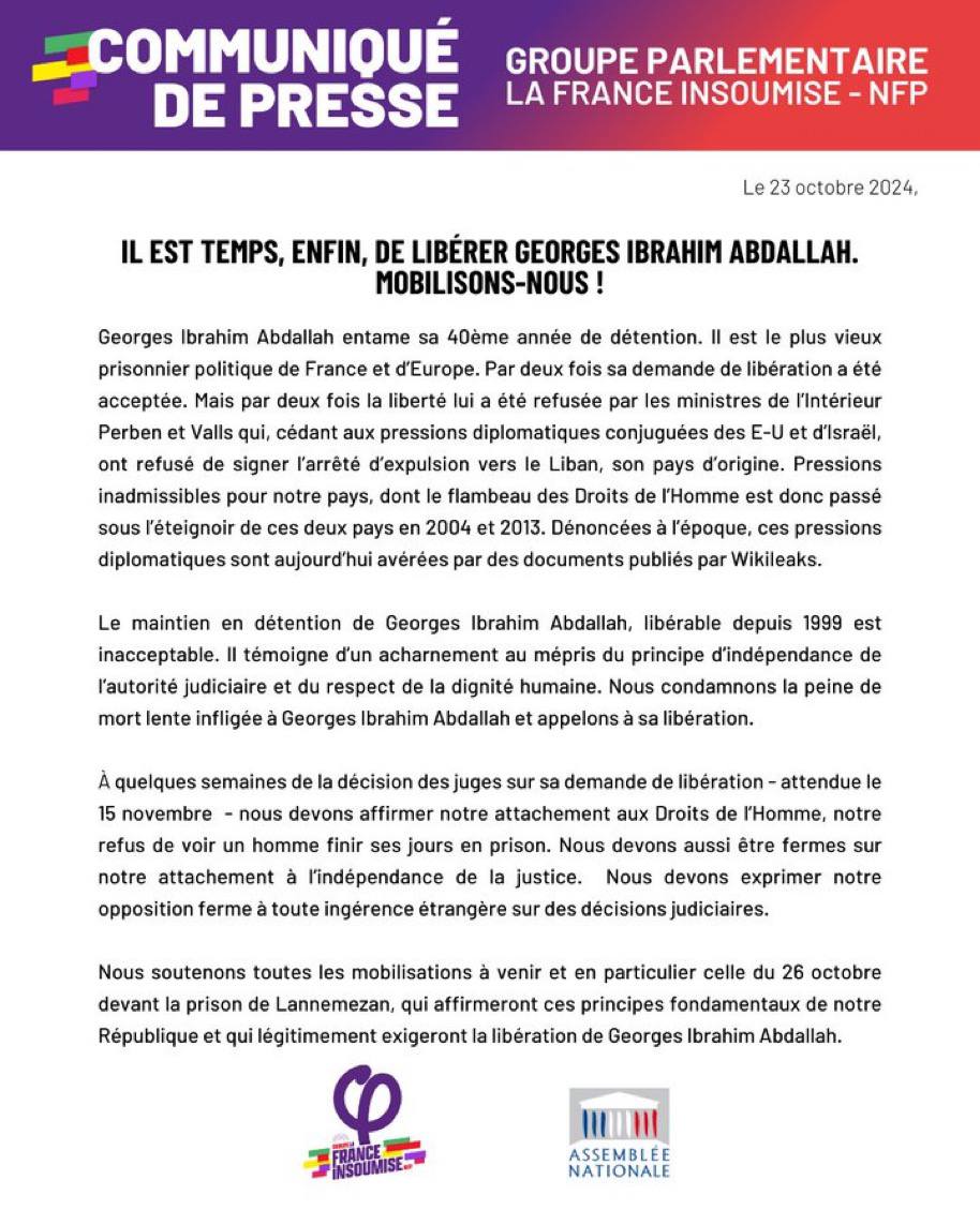 FreeGIAbdallah's tweet photo. Le groupe parlementaire de @FranceInsoumise soutient la libération de Georges Abdallah et appelle à manifester ce samedi 26 octobre de la gare de Lannemezan à la prison où le plus ancien prisonnier politique d'Europe est détenu.

#FreeGeorgesAbdallah https://t.co/mOB5oSDxQ8