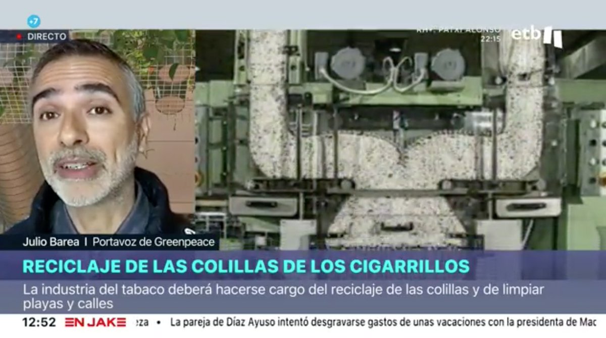🔴🚬 <a href="/JulioBarea/">Julio Barea</a> , portavoz de <a href="/greenpeace_esp/">Greenpeace España</a> "No existe ningún modo de reciclar las colillas, se tienen que desechar. Es una medida muy esperada pero no va a ser suficiente".
#EnJakeETB
➡ eitb.eus/es/television/…
<a href="/Xlapitz/">https://bsky.app/profile/xabierlapitz.bsky.social</a>
