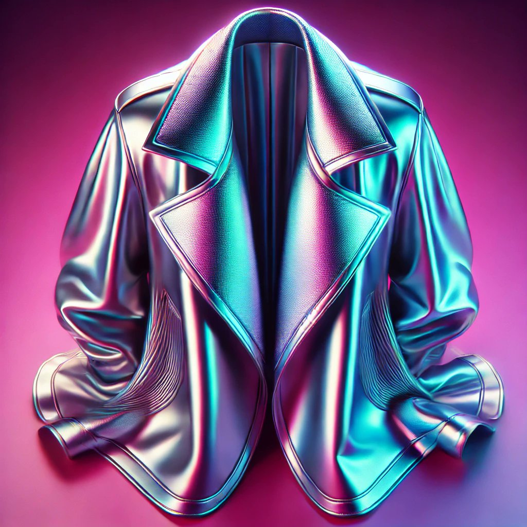 PunkPink__'s tweet photo. This sleek titanium and polyester coat dazzles with metallic and iridescent hues, perfect for a bold and futuristic statement. ✨🧥

#PunkPink #PPsamples #FashionArt #AI #AiFashion https://t.co/akuDOtjyaF