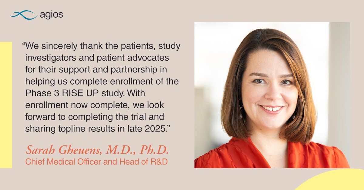 AgiosPharma's tweet photo. We completed enrollment of our Phase 3 RISE UP trial in #sicklecelldisease. The topline results from this 52-week study are expected in late 2025. Read more: https://t.co/DCoDKQLCaX https://t.co/XCJNBsYhjy