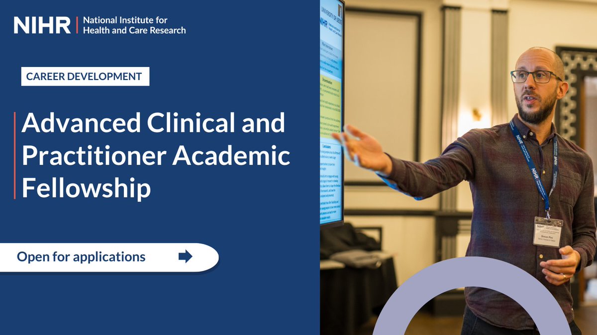 Are you an #AHP looking to develop your research career?

The Advanced Clinical and Practitioner Academic Fellowship allows postdoctoral researchers to develop their academic career alongside their health or care career.

Find out more and apply now: nihr.ac.uk/funding/advanc…