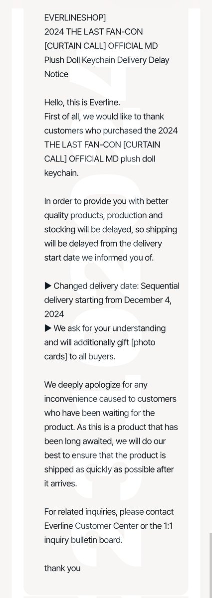 I don't know if everline has already made a public notice about it because I rarely check my sns, but I've sent an enquiry regarding the delivery of #BANGJUNGYOOMOON doll keychain and they informed the delivery period has been delayed from early october to december.