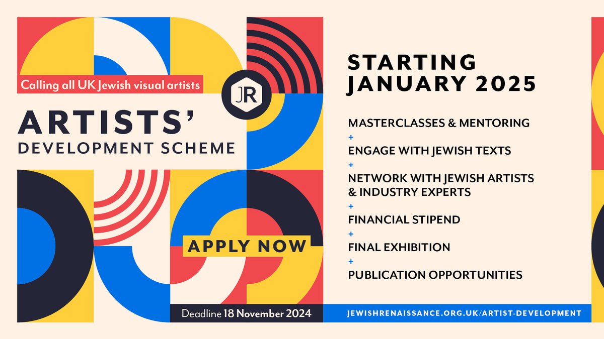 Are you a Jewish visual artist looking to engage with Jewishness in your practice? 
Join our new Artist Development Scheme, ft. 
🧑‍🎓masterclasses 
👩‍🎨engagement with artists &amp; curators 
💷cash stipend 
🖼️final exhibition &amp; more!  
Deadline 18 Nov
To apply: jewishrenaissance.org.uk/artist-develop…