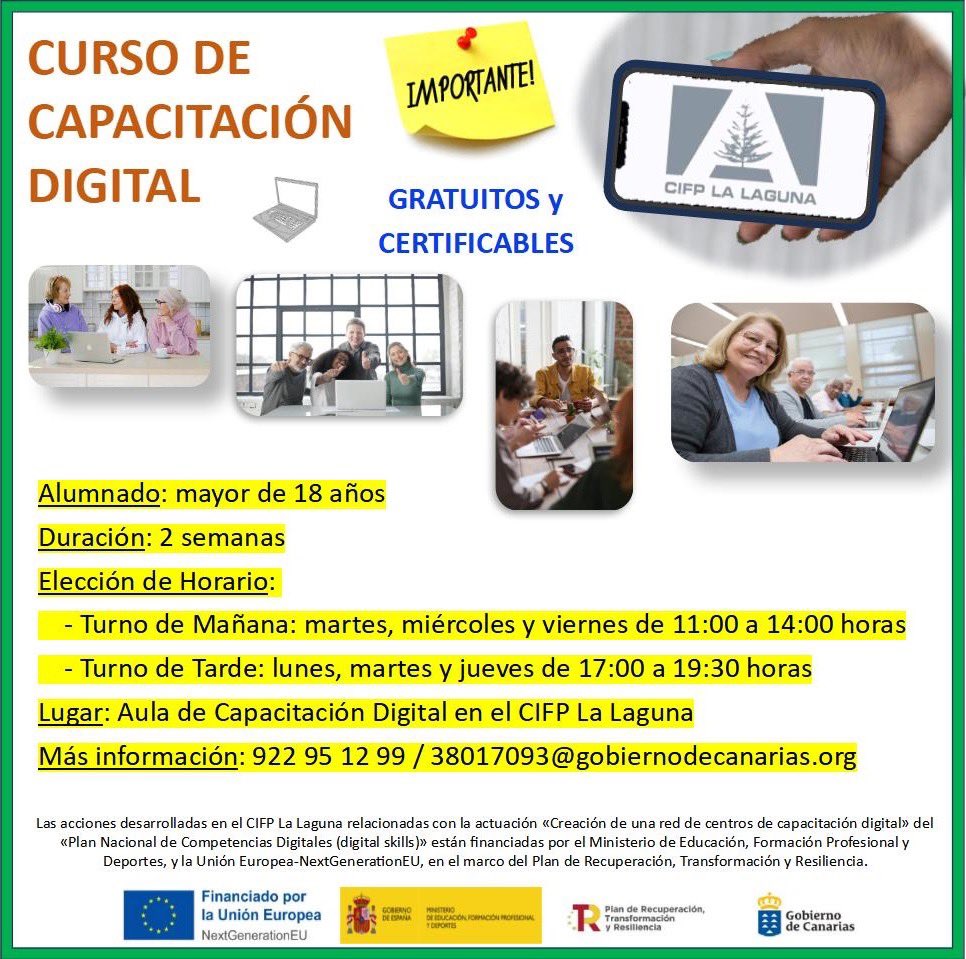 CIFP LA LAGUNA (@cifplalaguna) on Twitter photo Curso gratuito y certificable!!!
Digitalízate paso a paso, 💻🖥️⌨️👣
#capacitacióndigital
#cifplalagunaenformación
@fpcanarias
<a href="/EducacionGobC/">Educación Gobcan</a>
@cifplalagunaredinnovas
@educacionyjuventudlalaguna
<a href="/fp_empresa/">FPEmpresa</a>
<a href="/CabildoTenerife/">Cabildo de Tenerife</a> Curso gratuito y certificable!!!
Digitalízate paso a paso, 💻🖥️⌨️👣
#capacitacióndigital
#cifplalagunaenformación
@fpcanarias
<a href="/EducacionGobC/">Educación Gobcan</a>
@cifplalagunaredinnovas
@educacionyjuventudlalaguna
<a href="/fp_empresa/">FPEmpresa</a>
<a href="/CabildoTenerife/">Cabildo de Tenerife</a>