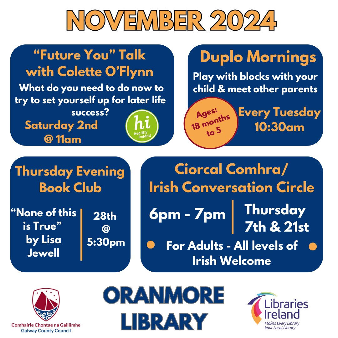 OranmoreLibrary's tweet photo. November is only days away!

#November #Oranmore #GalwayLibraries100 https://t.co/ampGTgsz1K
