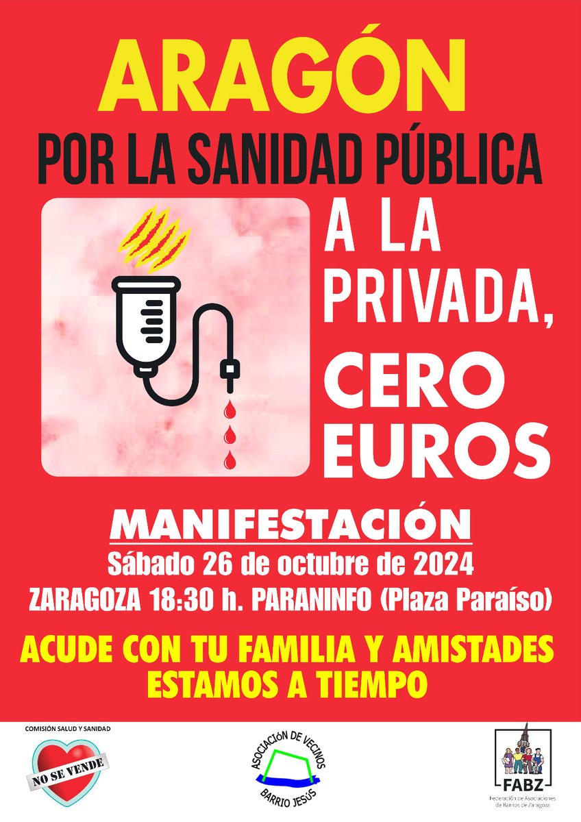👉 Manifestación, Sábado 26 de Octubre a las 18:30 horas desde el Paraninfo (Plaza Paraíso).
👉 «ARAGÓN POR LA SANIDAD PÚBLICA». A la privada Cero Euros.

<a href="/barrioszgz/">FABZ</a> 

avvbarriojesus.org/manifestacion-…