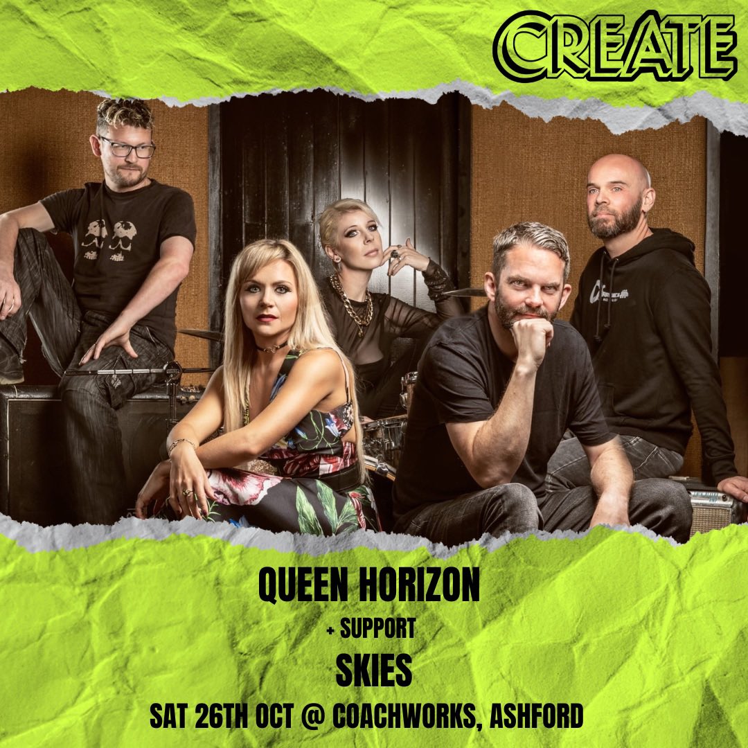 💛THIS SATURDAY <a href="/coachworks_ash/">Coachworks Ashford</a> 💛 A night of free music from local indie rock legends Queen Horizon with support from SKIES. Over 18+ standing only event, doors from 6pm.
No need to book, just be there!
#choosecreate