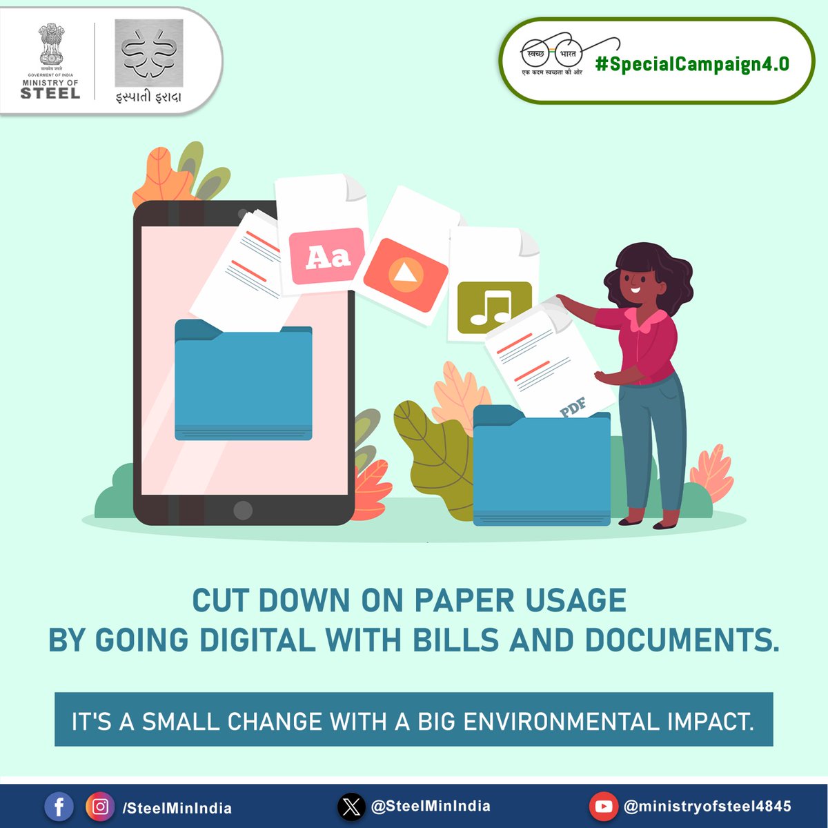 SteelMinIndia's tweet image. Embrace the power of paperless living! 📄🌿 Make a small change for a planet-friendly impact by going digital with bills and documents. Together, we can save trees and reduce our carbon footprint. 🌍💻

#SpecialCampaign4.0  #GoPaperless #GoDigital #SustainableLiving