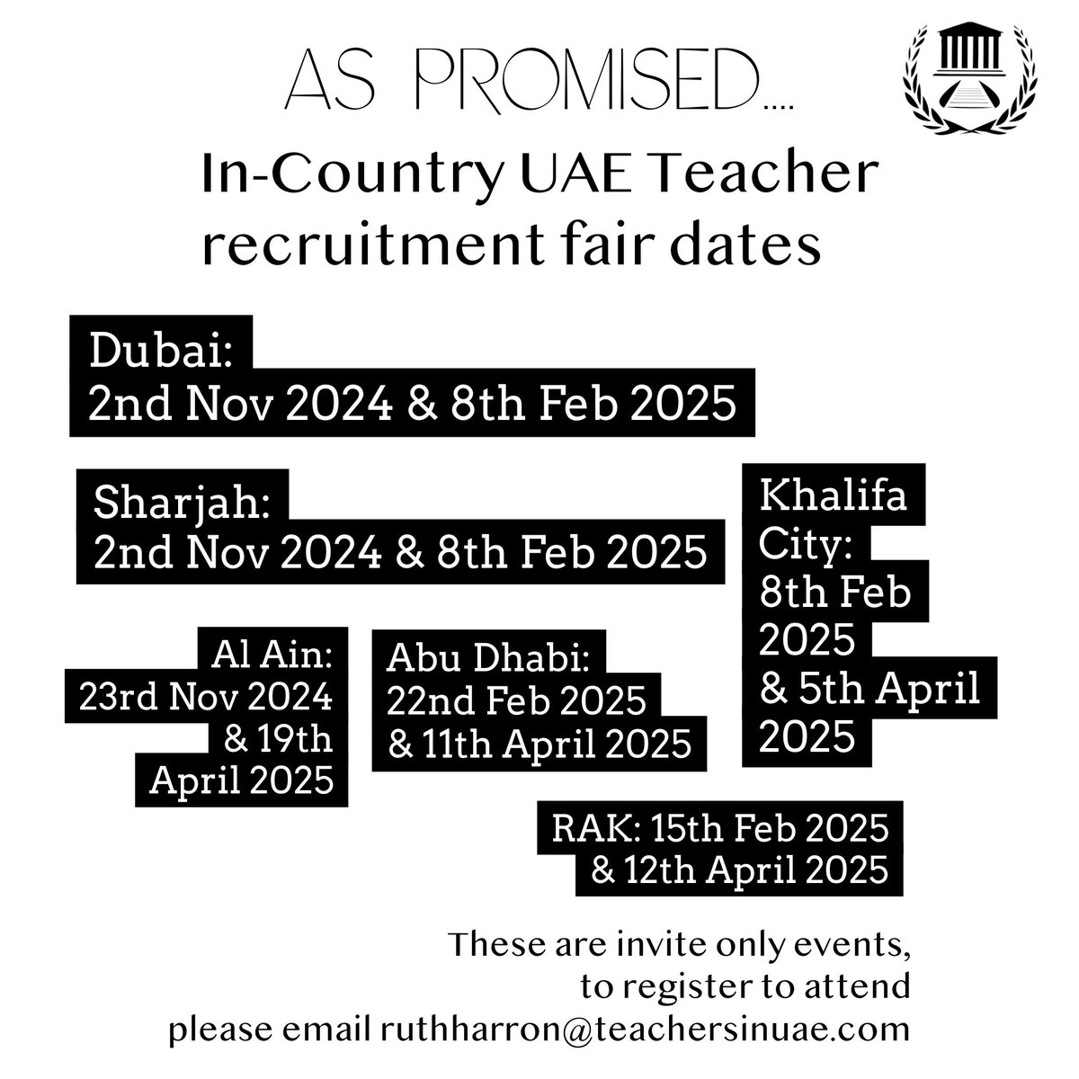 Teachers In UAE (@teachersinuae) on Twitter photo For those of you currently in the UAE. We have weekend events for positions coming up in August 2025.
Again to register please email: ruthharron@teachersinuae.com
Referral fees apply here too 🤩☀️ For those of you currently in the UAE. We have weekend events for positions coming up in August 2025.
Again to register please email: ruthharron@teachersinuae.com
Referral fees apply here too 🤩☀️