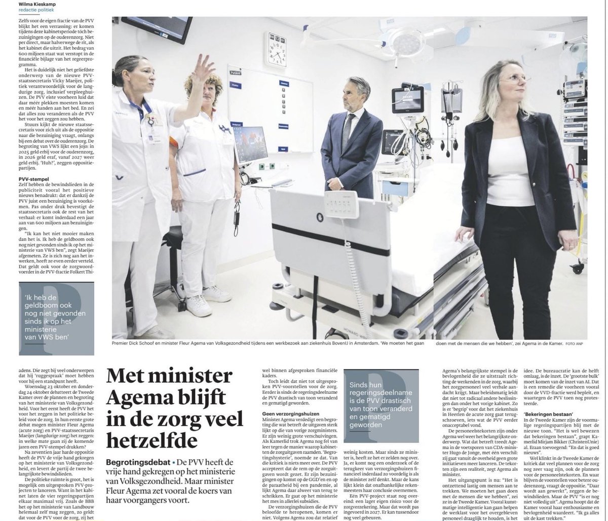 Ongelooflijk!

Onder PVV-minister Agema wordt er nog meer bezuinigd in de zorg dan in Rutte I, II, III en IV.

Ook de PVV-fractie in TK stelt nu:
“Er moet nu eenmaal bezuinigd worden.”

PVV kiest voor meer VVD en minder zorg.