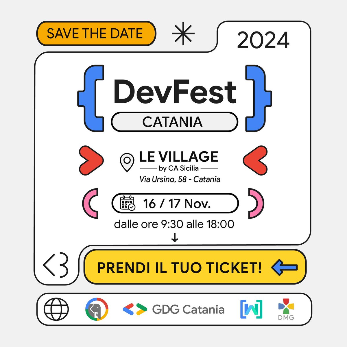 gdgcatania's tweet photo. Popolo Tech di tutta Catania e provincia, non prendete impegni il 16 e 17 Novembre perché la DevFest vi aspetta a 𝗟𝗲 𝗩𝗶𝗹𝗹𝗮𝗴𝗲 𝗖𝗮𝘁𝗮𝗻𝗶𝗮 (via Ursino,58), l'acceleratore di impresa by Crèdit Agricole!  Prenota subito il tuo biglietto gratuito https://t.co/BIsNTPiowT https://t.co/yE99zpjSWd