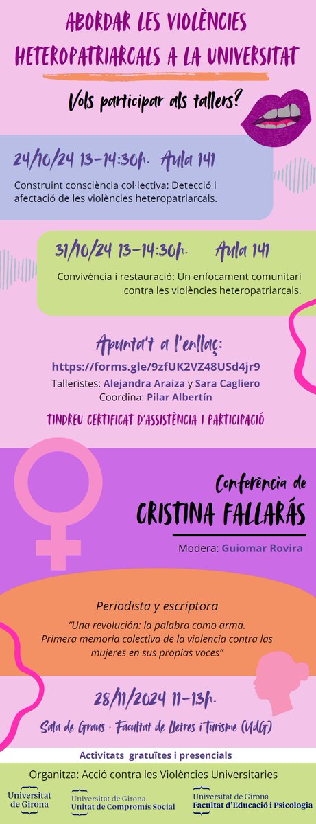 Abordar les violències heteropatriarcals a la universitat
📅 24 i 31 d'octubre 
⏲️de 13:00h a 14:30h 
🏣a l'aula 141 de la <a href="/UdGEducacioPsic/">Facultat Edu. Psico</a> 
udg.edu/ca/fep/faculta…