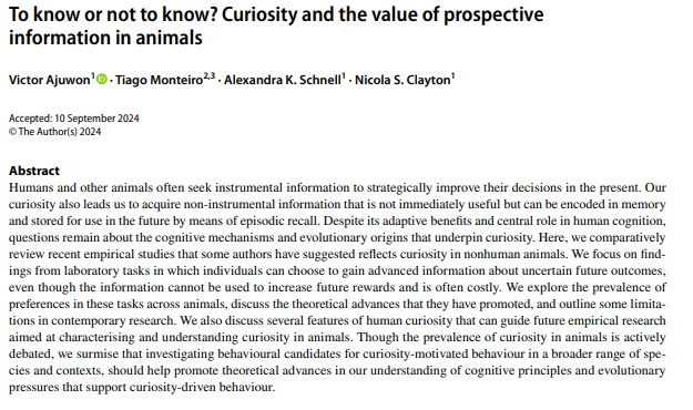 Victor (@victorajuwon1) on Twitter photo How widespread is curiosity and how can it be empirically investigated across diverse taxa? Check out our new review in Learning and Behavior to find out! Great to work with wonderful colleagues <a href="/_MonteiroTiago_/">tiago monteiro</a> <a href="/Dr_AlexSchnell/">Dr Alex Schnell</a> <a href="/nickyclayton22/">Nicola Clayton</a> on this:
doi.org/10.3758/s13420… How widespread is curiosity and how can it be empirically investigated across diverse taxa? Check out our new review in Learning and Behavior to find out! Great to work with wonderful colleagues <a href="/_MonteiroTiago_/">tiago monteiro</a> <a href="/Dr_AlexSchnell/">Dr Alex Schnell</a> <a href="/nickyclayton22/">Nicola Clayton</a> on this:
doi.org/10.3758/s13420…
