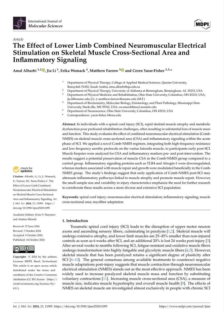 د.آمال الحربي| Amal Alharbi (@amals2022) on Twitter photo I am pleased to share our latest publication in IJMS. This study offers new insights into how a novel NMES regimen can preserve muscle mass and modulate inflammatory pathways early after SCI. Many thanks to <a href="/DrYararFisher/">Ceren Yarar-Fisher</a> and the team for their collaboration in this achievement. I am pleased to share our latest publication in IJMS. This study offers new insights into how a novel NMES regimen can preserve muscle mass and modulate inflammatory pathways early after SCI. Many thanks to <a href="/DrYararFisher/">Ceren Yarar-Fisher</a> and the team for their collaboration in this achievement.