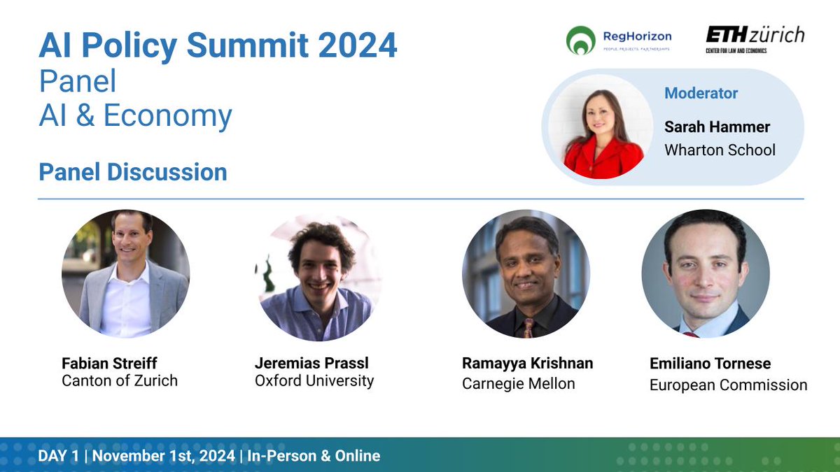 🥁Panel Introduction! 
📣 Join Us for the Panel on AI and the Economy!

The integration of AI into the economy is transforming industries and reshaping our understanding of productivity and growth. 

#AIPolicySummit2024 #GlobalAI #AIEthics #ETH #RegHorizon