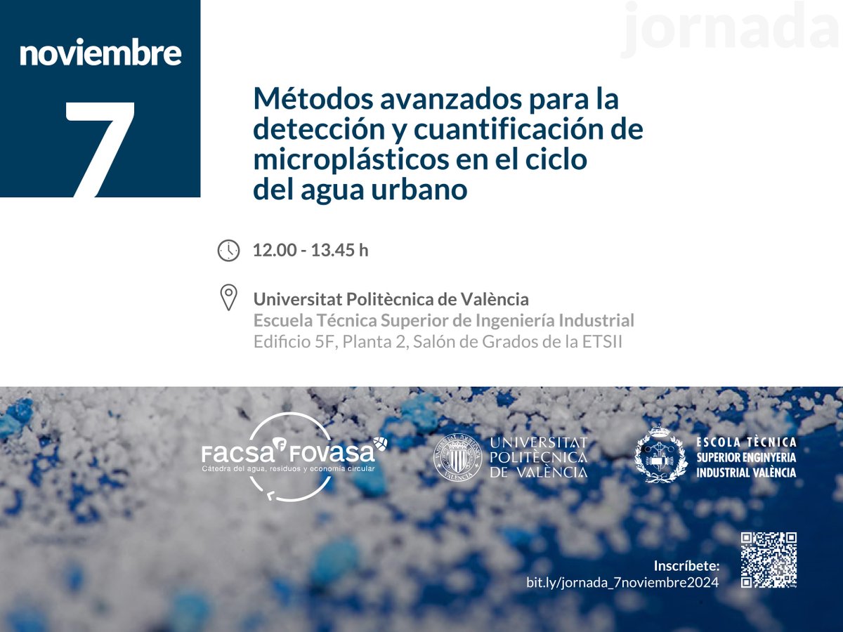 📢Animaros a participar en la interesantísima jornada organizada por la Cátedra sobre "Métodos avanzados para la detección y cuantificación de microplásticos en el ciclo del agua urbano".
📆jueves 7 nov. 2024
⏰12:00 - 13:45h
📍Edificio 5F, Planta 2, Salón Grados ETSII (<a href="/UPV/">Universitat Politècnica de València</a> )